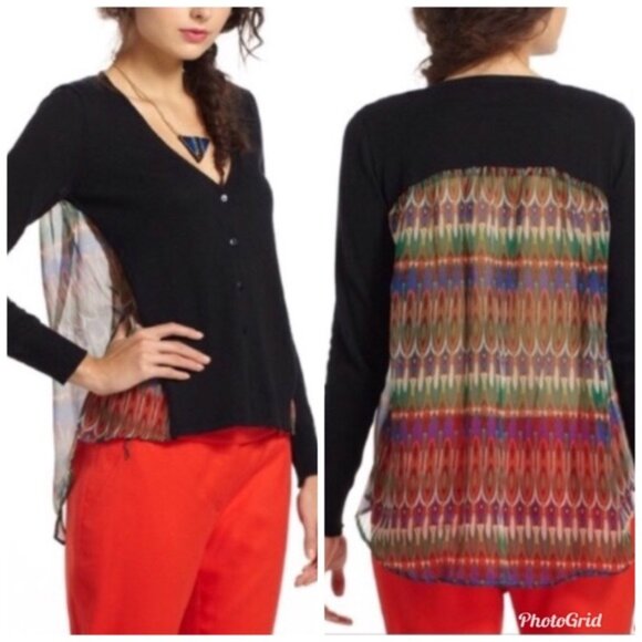 ANTHROPOLOGIE Little Yellow Bird Cardigan Sweater Black w/Sheer Muticolor Back M - Picture 1 of 7